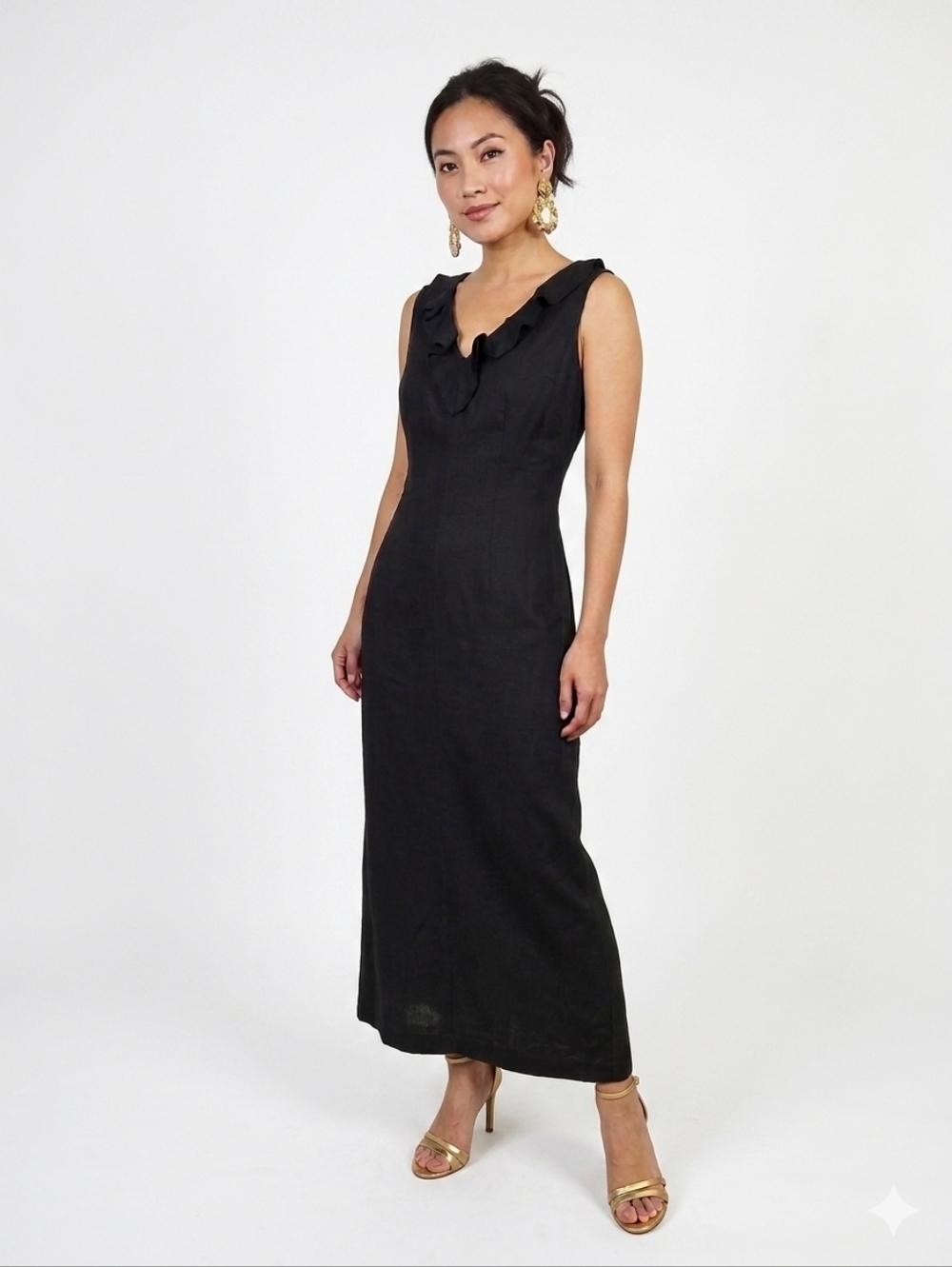 NWT Joy & Peace Summer Linen Blend Ruffle V-Neck Maxi Dress Black 10P